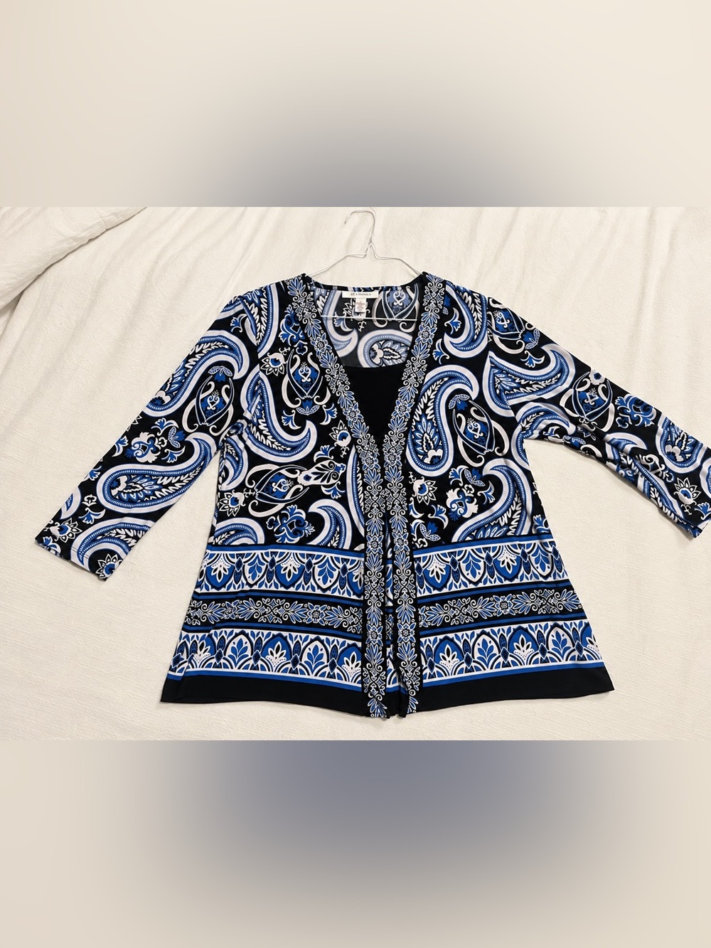 JM Collection Blue, Black & White Paisley V-Neck Tunic